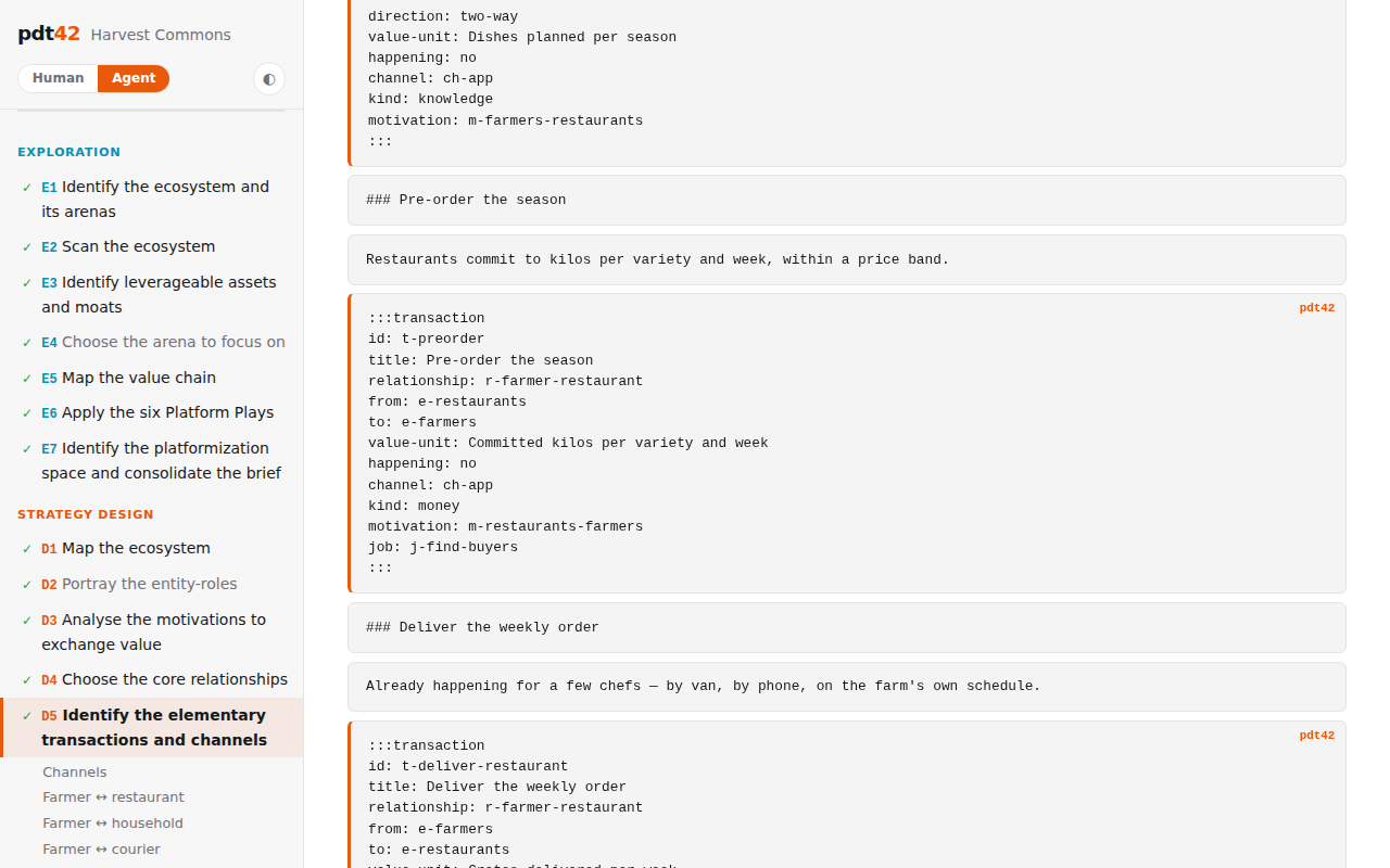 The agent view of the transactions chapter: headings, prose and transaction blocks as source